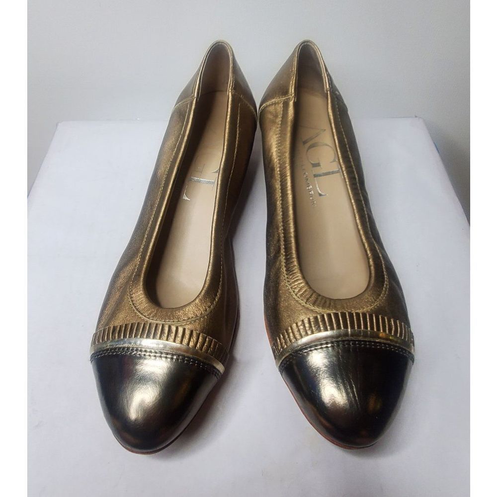 AGL 37 Gold soft leather slipon. Comfy. Granny Vibe. Luxury. Round Toes. #0739